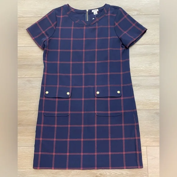 J Crew Factory relaxed plaid printed pocket navy short sleeve dress size 8 NWT - Picture 1 of 6